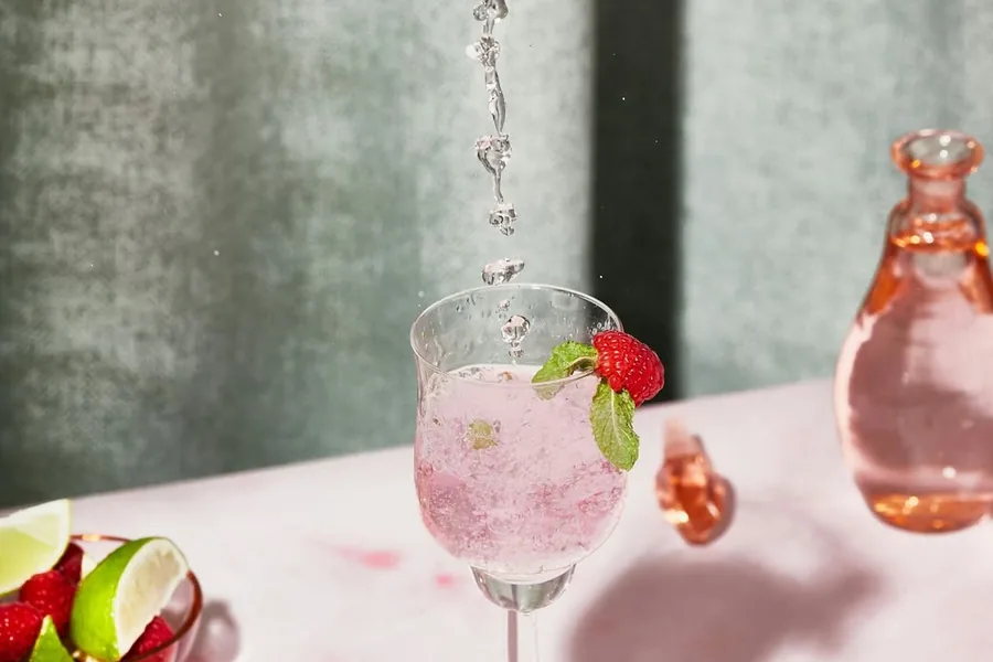 A finished cocktail with a raspberry garnish